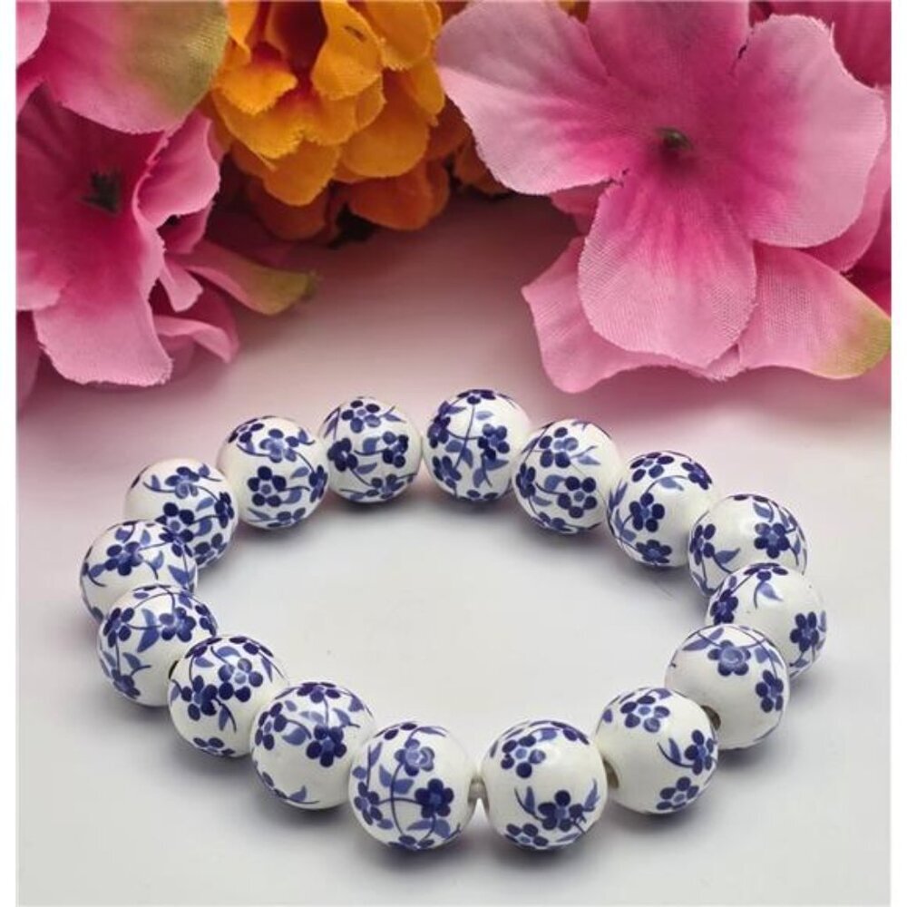 Blue White Porcelain Bead Bracelet 6.5" Floral Ceramic Stretch Chinoiserie 12mm
